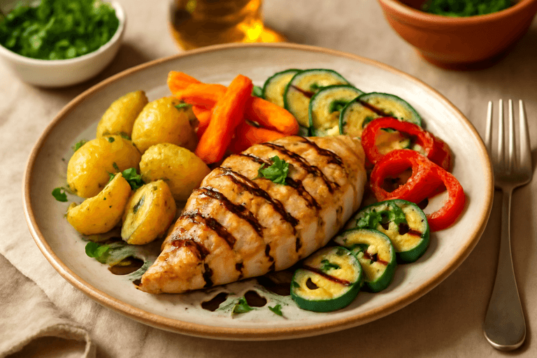 Ψητό Φιλέτο Κοτόπουλου με Ψητά Λαχανικά και Βαλσάμικη Σάλτσα