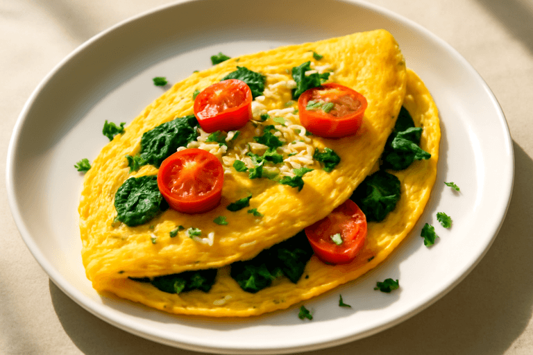 Proteinrik klassisk omelett med spenat och tomater
