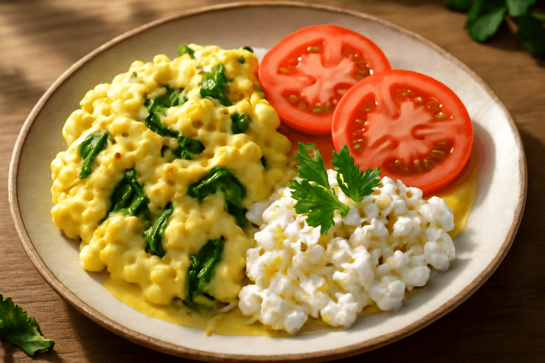 Proteinrika äggröra med spenat och tomat