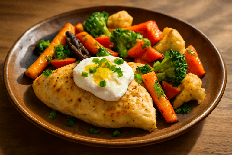 Kycklingfilé med ugnsrostade grönsaker och citronyoghurt