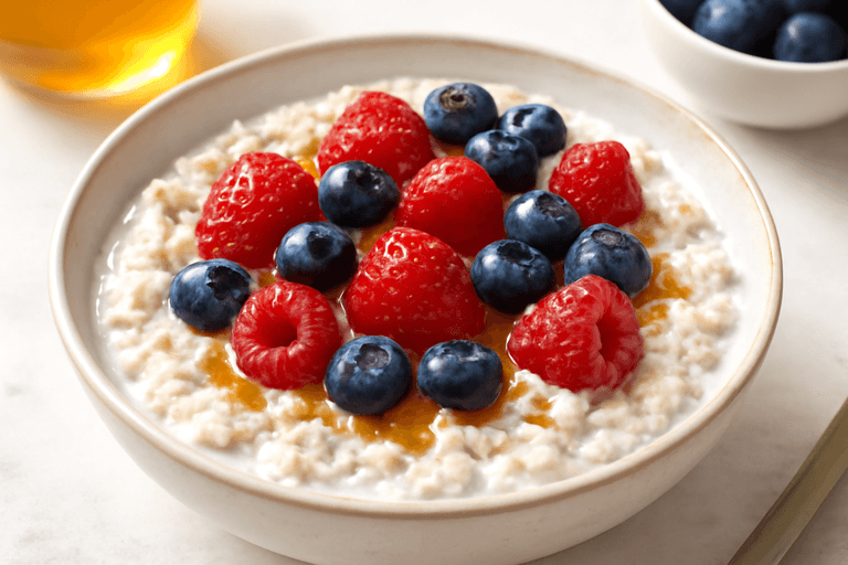 Proteinreiches Haferflocken-Frühstück mit Beeren