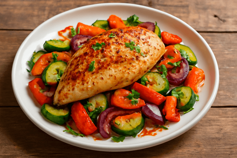 Hähnchenbrust auf buntem Gemüse aus dem Ofen
