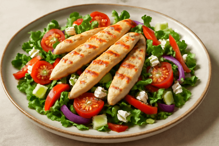 Pollo a la plancha con ensalada mediterránea fresca