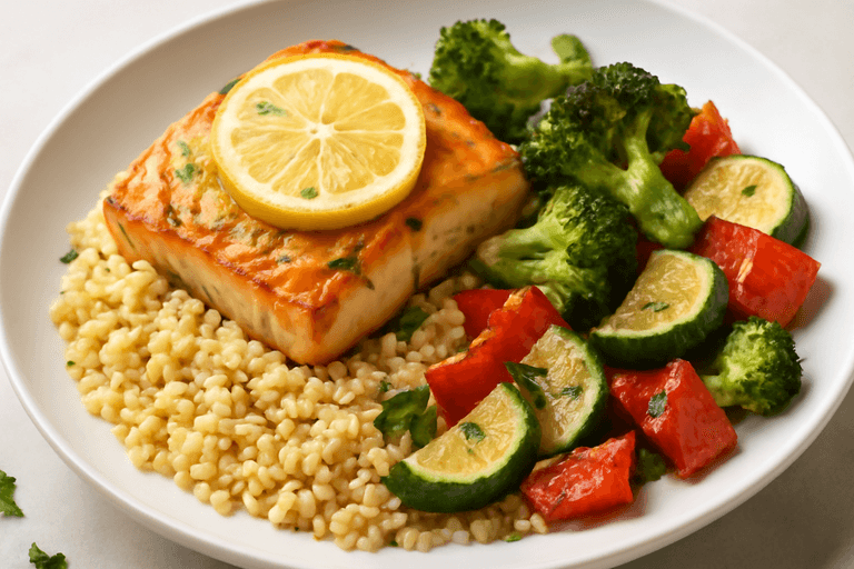 Grillowany łosoś z warzywami i kaszą bulgur