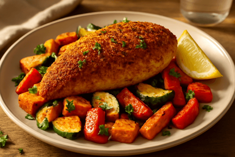 Filet de poulet croustillant aux légumes rôtis