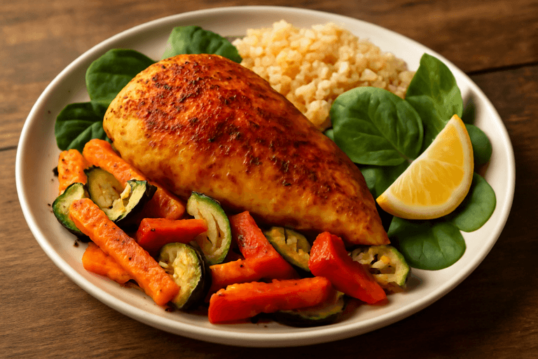 Ugnsbakad kycklingfilé med rostade grönsaker och quinoa