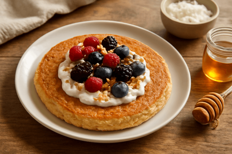 Klassischer Power-Frühstücks-Pfannkuchen mit Quark & Beeren