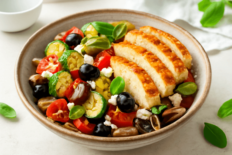 Proteinreiches Chicken-Pasta-Bowl mit mediterranem Gemüse