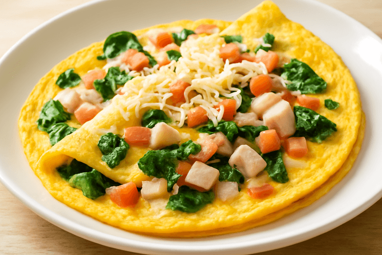 Omelette clásico con espinaca y pavo