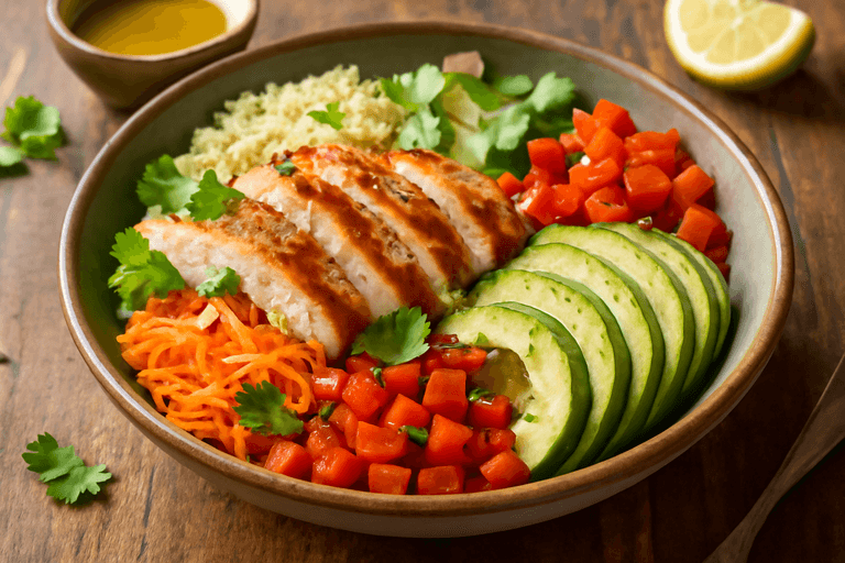 Salade de poulet grillé, quinoa et légumes croquants