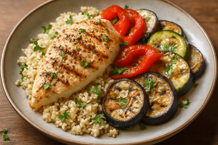 Κοτόπουλο Σχάρας με Κινόα & Ψητά Λαχανικά