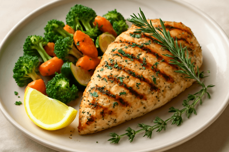 صدور دجاج مشوية بالأعشاب مع الخضار السوتيه