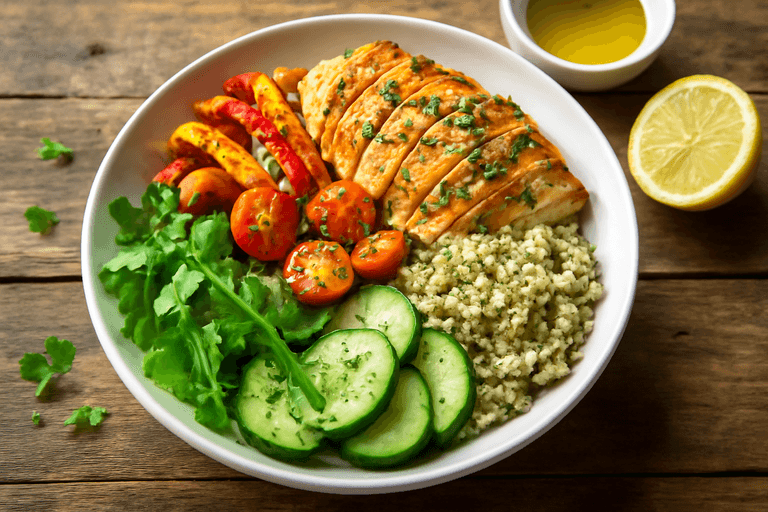 Proteinrik kycklingsallad med rostade grönsaker