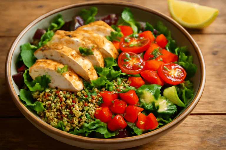 Färgglad kycklingsallad med quinoa och citronvinägrett