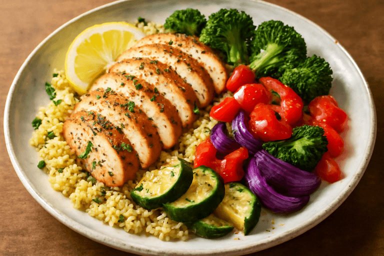 Grilled Lemon-Herb Chicken with Quinoa & Roasted Veggies