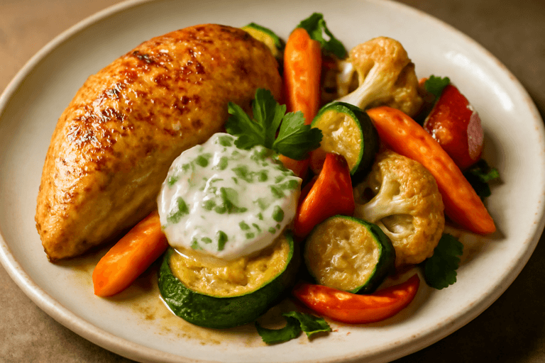 Klassisk kycklingfilé med rostade grönsaker och örtyoghurt