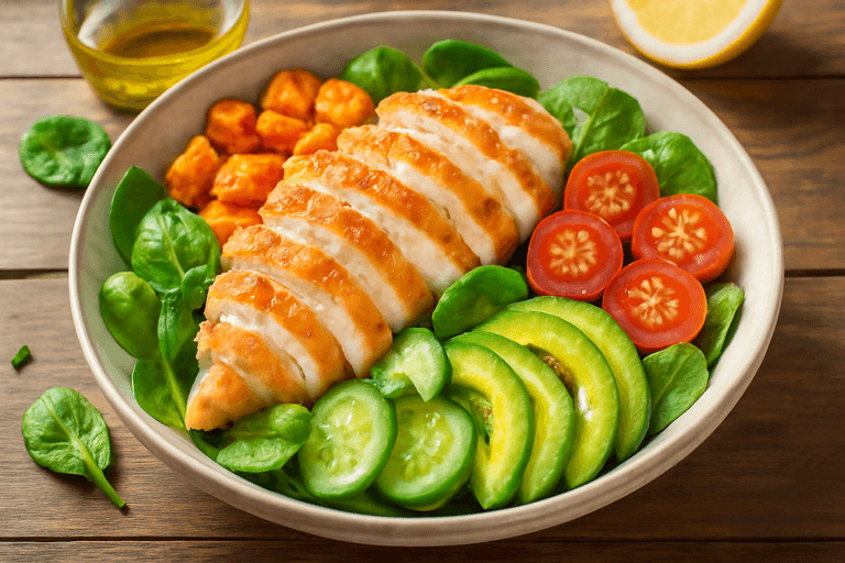 Proteinrik kycklingsallad med rostade grönsaker