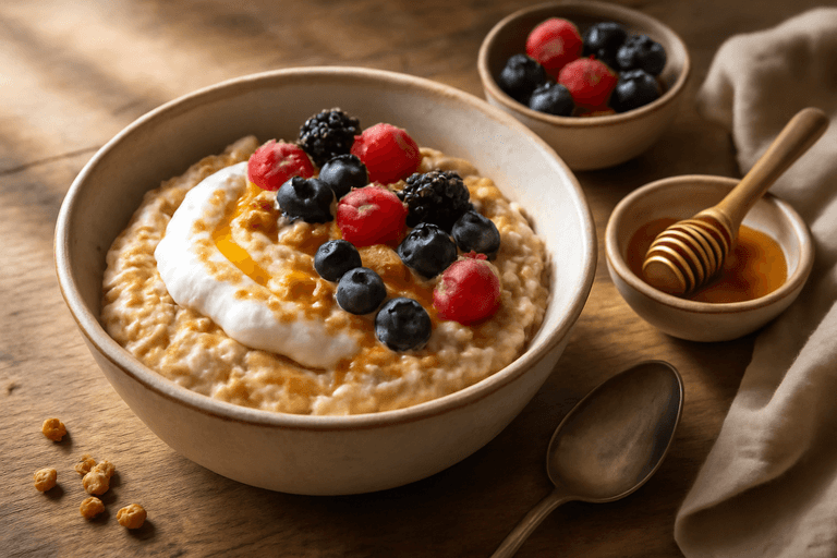 Lekka owsianka z jogurtem naturalnym i owocami leśnymi