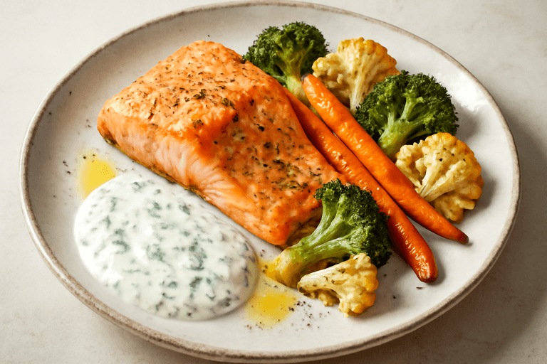 Ugnsbakad lax med grönsaker och citronkvarg