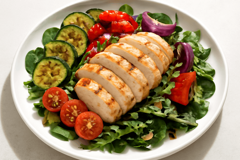 Lätt kycklingsallad med rostade grönsaker och balsamico