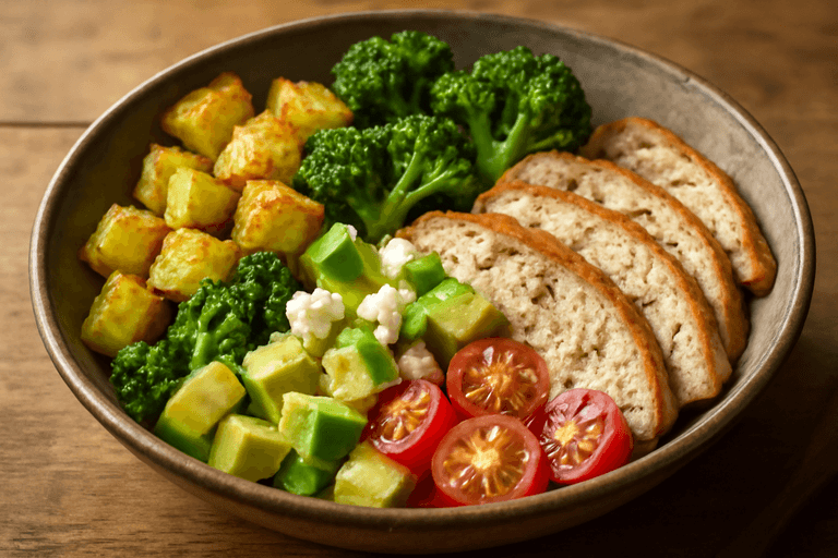 Herzhafte Putenbrust-Bowl mit Ofenkartoffeln & Brokkoli