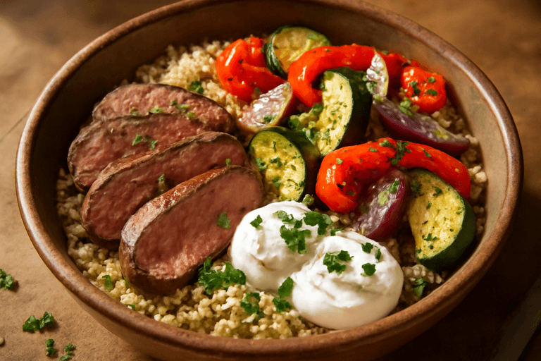 Herzhafte Rinderfilet-Bowl mit Quinoa und Grillgemüse