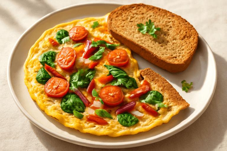 Proteinrik omelett med grönsaker och fullkornsbröd