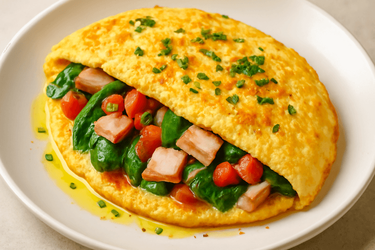 Energigivande klassisk omelett med spenat och kalkon