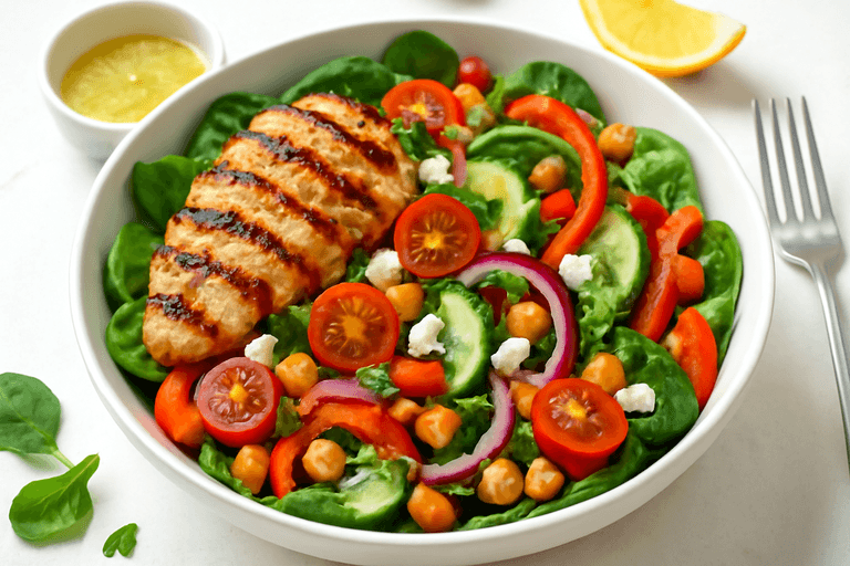 Färgstark kycklingsallad med kikärtor och citronvinägrett