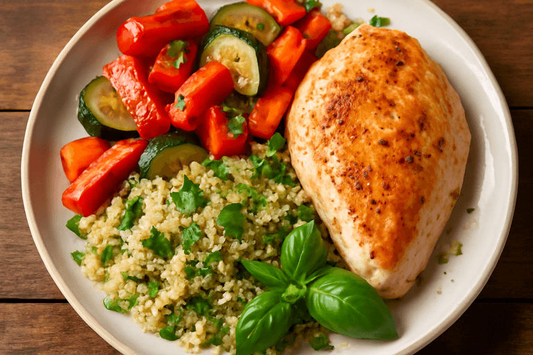 Lätt kycklingfilé med rostade grönsaker och örtig quinoa