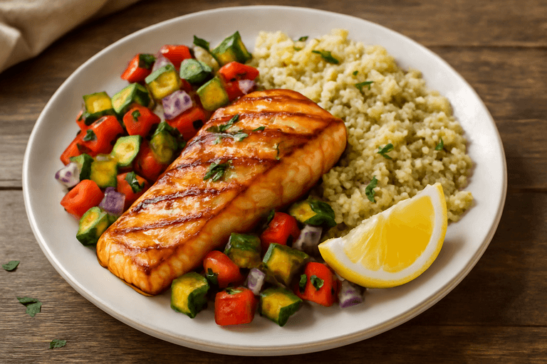 Saumon grillé aux légumes rôtis et quinoa