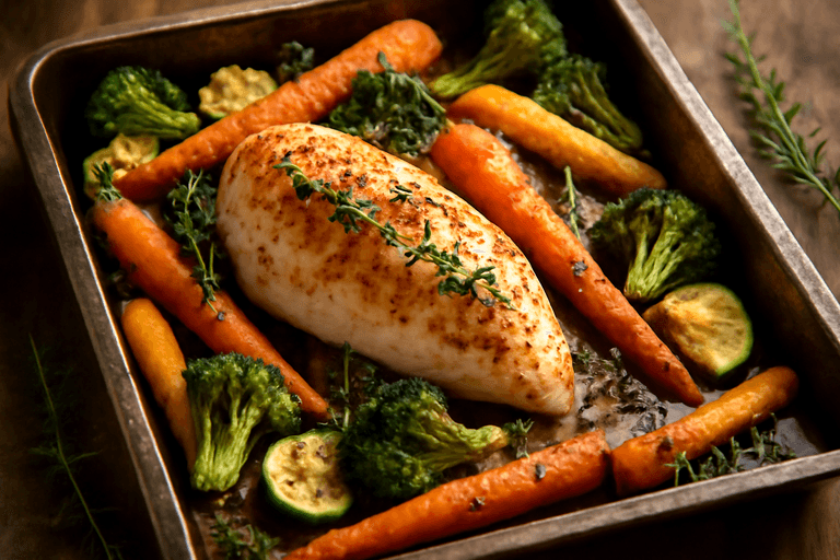 Poulet rôti aux légumes et herbes aromatiques