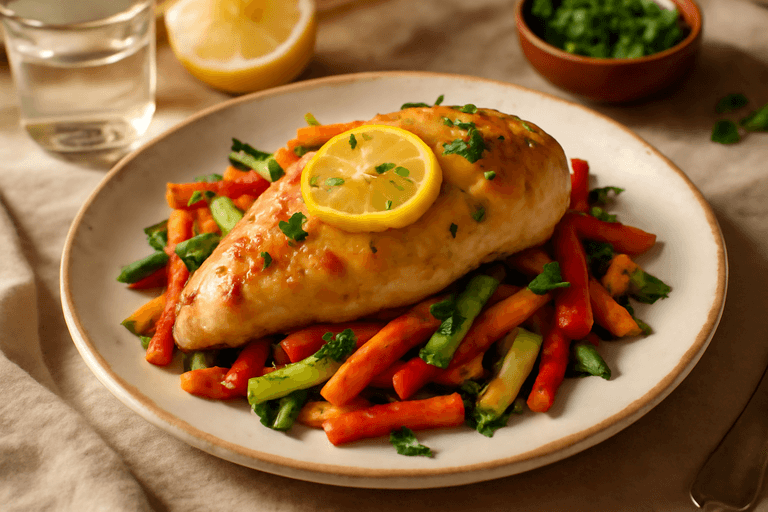 Λεμονάτο Κοτόπουλο με Ψητά Λαχανικά