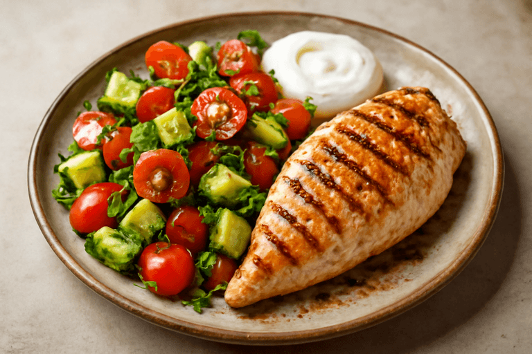 Κοτόπουλο Σχάρας με Πολύχρωμη Σαλάτα & Γιαούρτι