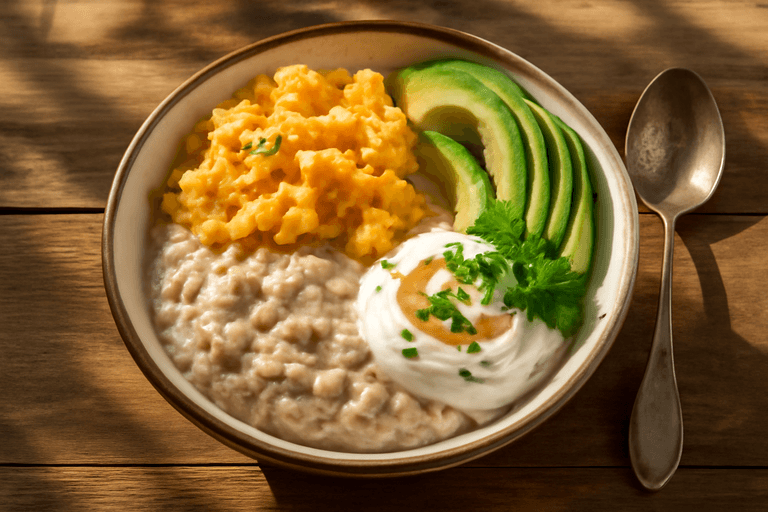 Proteinreiches Power-Frühstück mit Hafer, Eiern und Avocado
