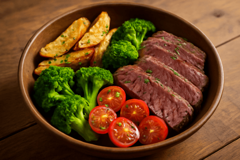 Herzhafte Rinder-Bowl mit Ofenkartoffeln und Brokkoli
