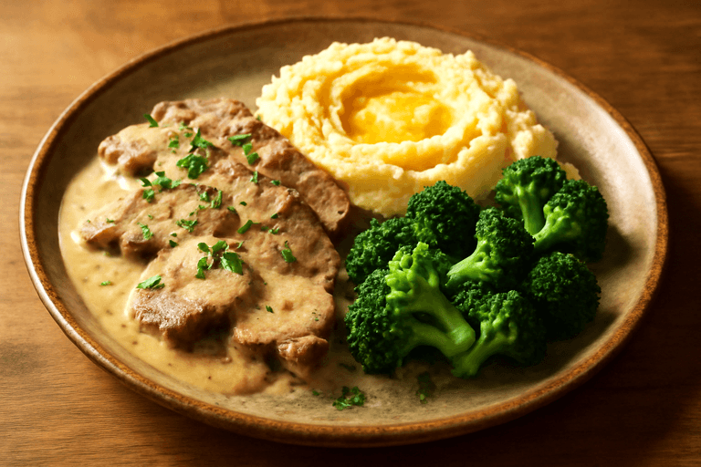 Klassisches Rindergeschnetzeltes mit Kartoffelpüree und Brokkoli