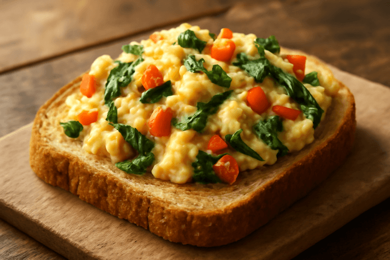 Jajecznica z warzywami na pełnoziarnistym toście