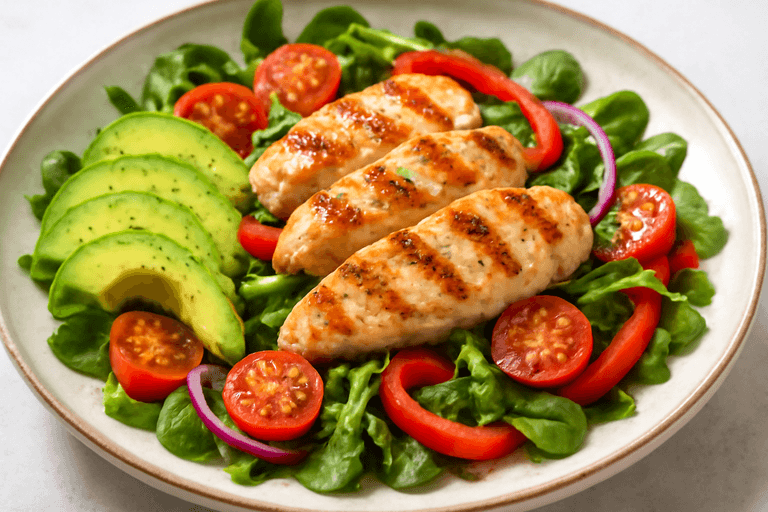 Sałatka z grillowanym kurczakiem, awokado i warzywami