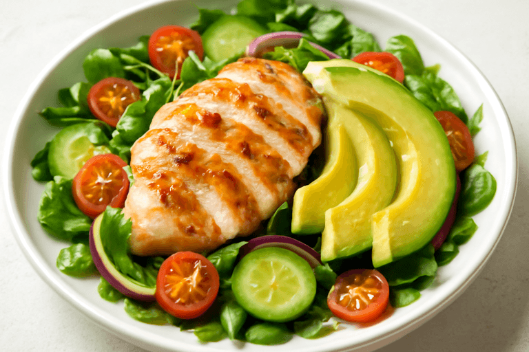 Sałatka z grillowanym kurczakiem, awokado i warzywami