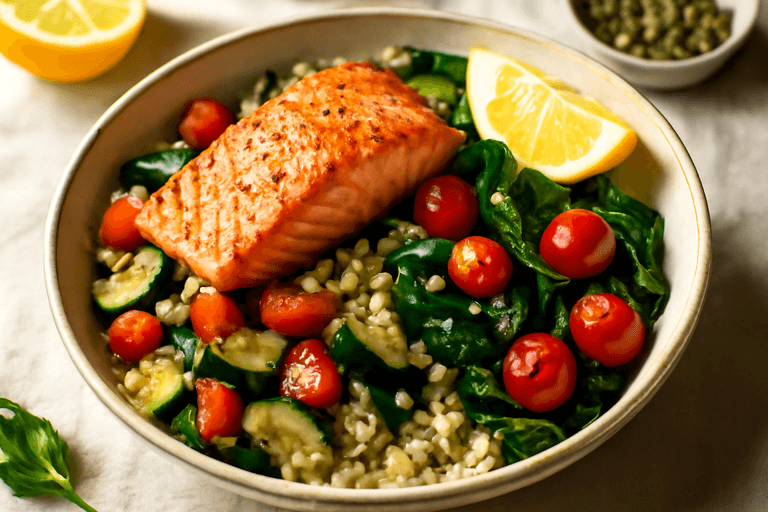 Bowl Quinoa Pescatarian dengan Salmon Panggang & Sayuran Mediterania