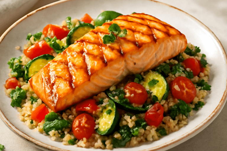 Salmon Panggang dengan Quinoa dan Sayuran Mediterania