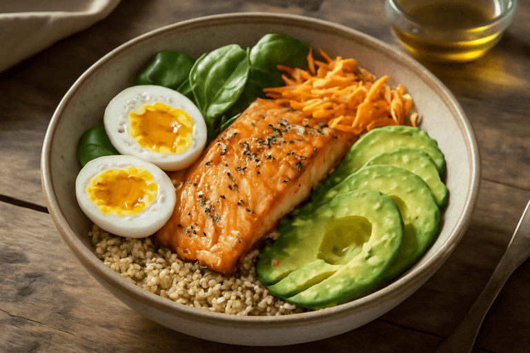 Bowl Sarapan Pescatarian dengan Quinoa & Salmon Panggang