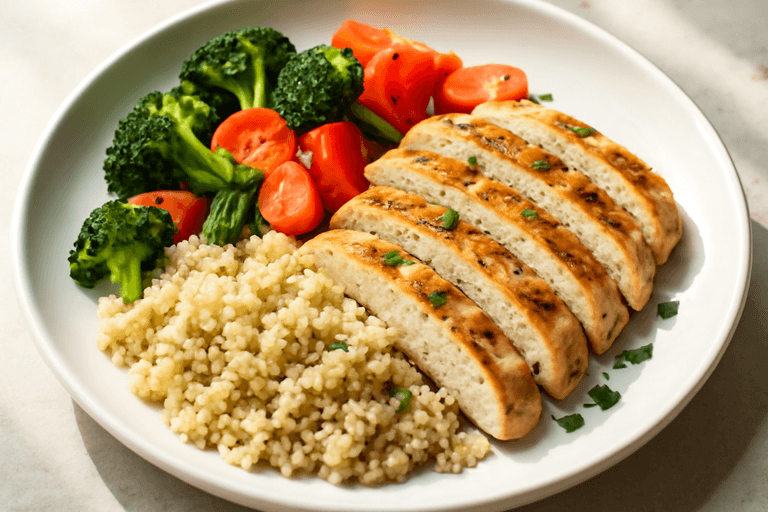 Pollo a la plancha con quinoa y verduras asadas