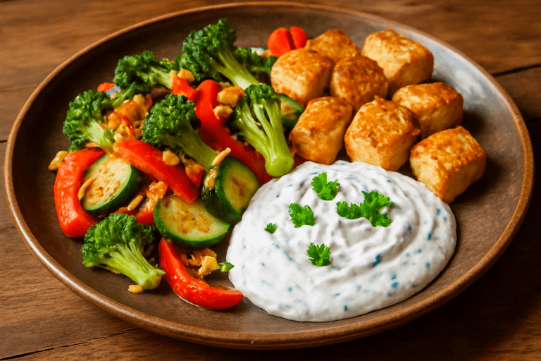 Hähnchen-Gemüse-Pfanne mit Zitronen-Kräuter-Quark