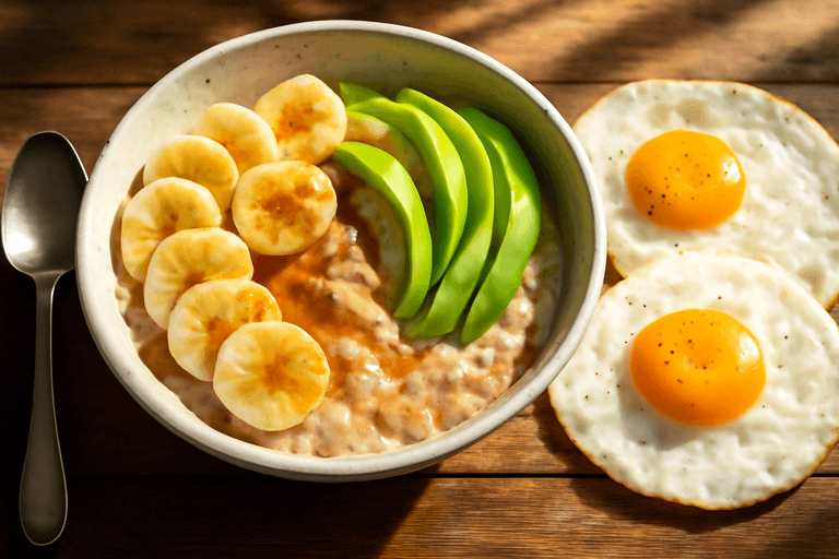 Proteinreiches Power-Frühstück mit Hafer, Ei und Avocado