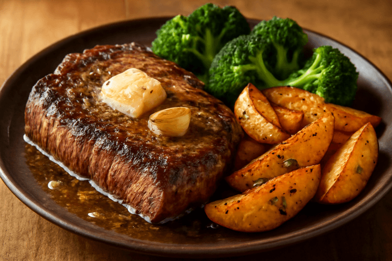 Herzhaftes Rindersteak mit Ofenkartoffeln und Brokkoli
