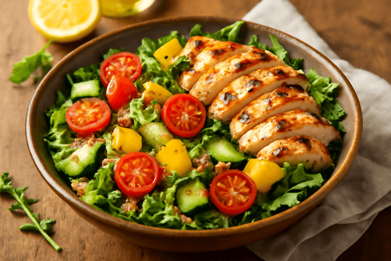 Salată clasică de pui la grătar cu quinoa și legume proaspete