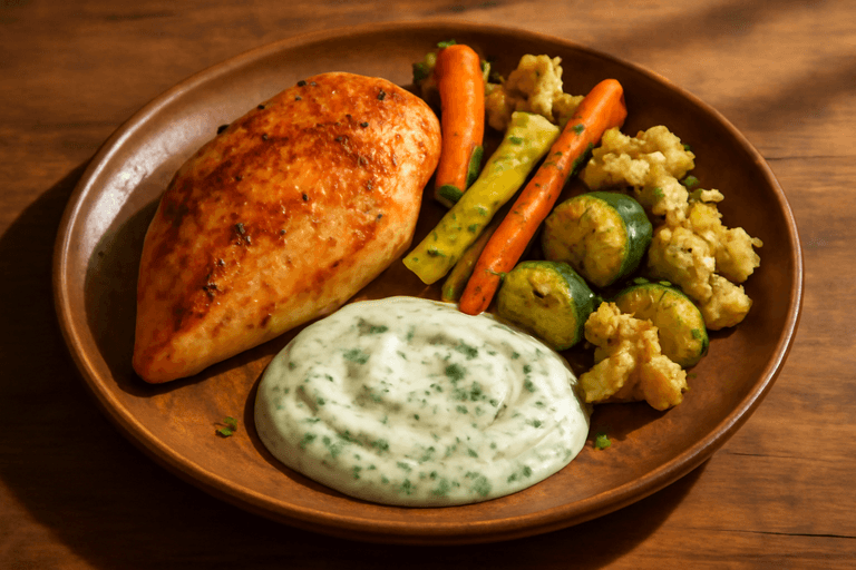 Kycklingfilé med rostade grönsaker och örtsås