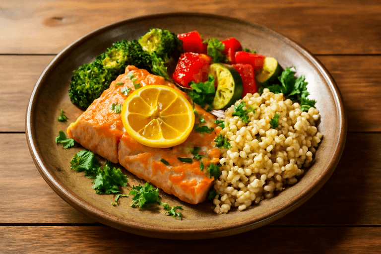 Pieczony łosoś z warzywami i kaszą bulgur